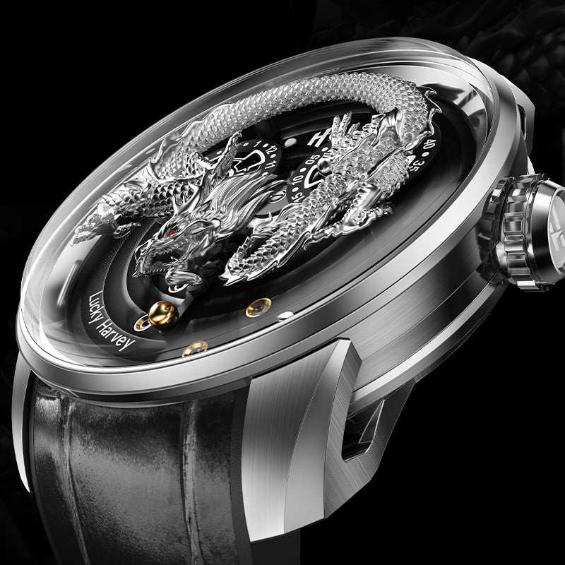 Lucky Harvey Dragon automaton Watch – Hand-Engraved 925 Silver Dragon with 999 Gold Bead Display – Silver product image 19