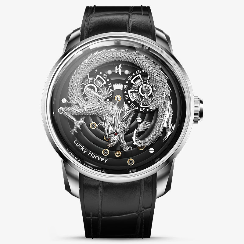 Lucky Harvey Dragon automaton Watch – Hand-Engraved 925 Silver Dragon with 999 Gold Bead Display – Silver product image 19