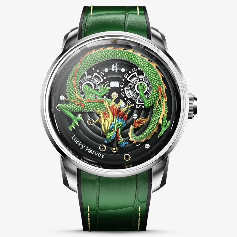 Lucky Harvey Dragon automaton Watch – Hand-Engraved 925 Silver Dragon with 999 Gold Bead Display – Silver product image 8