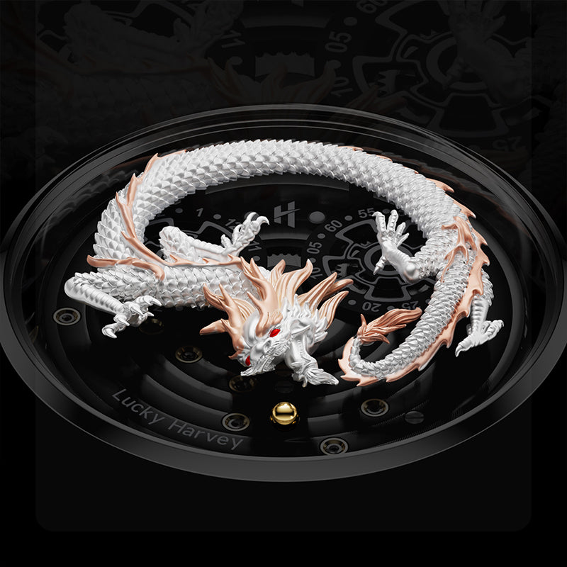 Lucky Harvey Dragon automaton Watch – Hand-Engraved 925 Silver Dragon with 999 Gold Bead Display – Silver product image 13