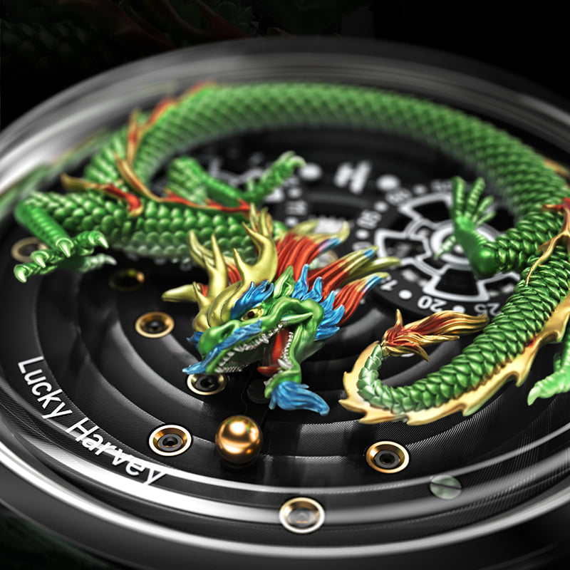 Lucky Harvey Dragon automaton Watch – Hand-Engraved 925 Silver Dragon with 999 Gold Bead Display – Silver product image 8