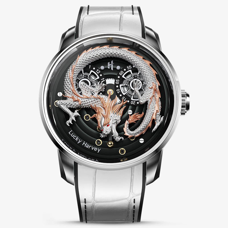 Lucky Harvey Dragon automaton Watch – Hand-Engraved 925 Silver Dragon with 999 Gold Bead Display – Silver product image 13