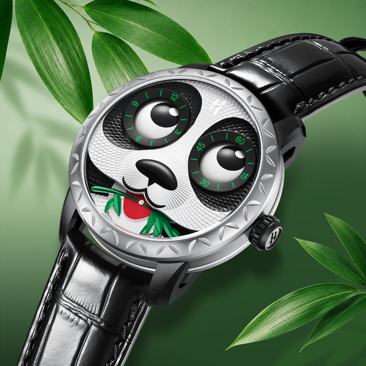 Fun Series Silver Panda Automaton Watch – White Leather Strap product image 1