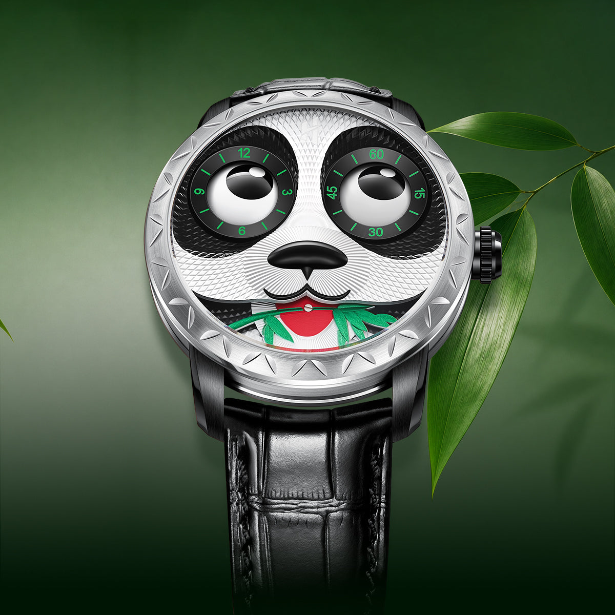 Fun Series Silver Panda Automaton Watch – White Leather Strap product image 3