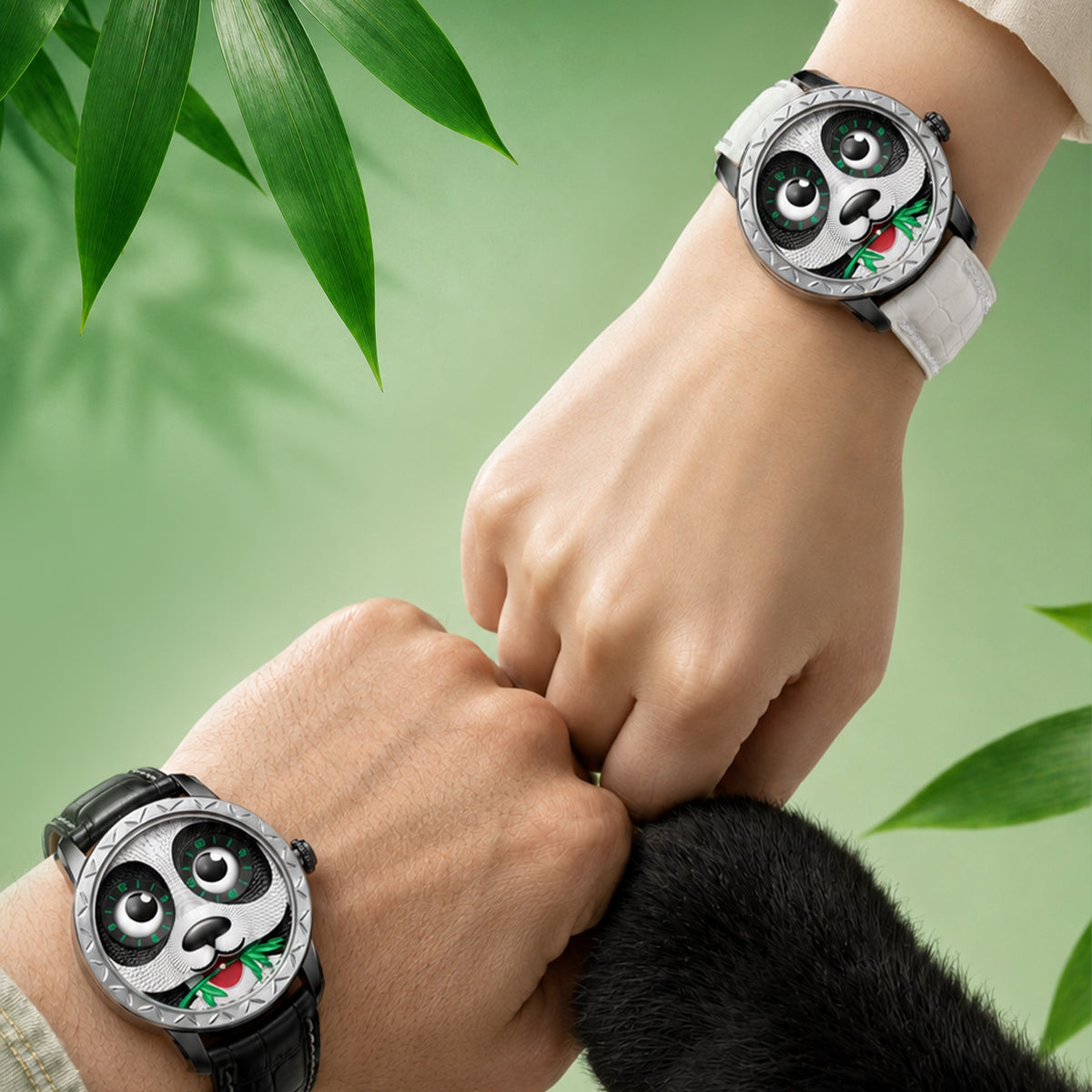 Fun Series Silver Panda Automaton Watch – White Leather Strap product image 6