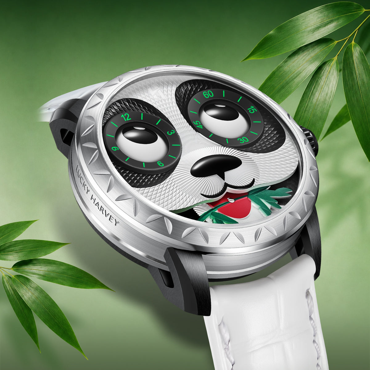 Fun Series Silver Panda Automaton Watch – White Leather Strap product image 2